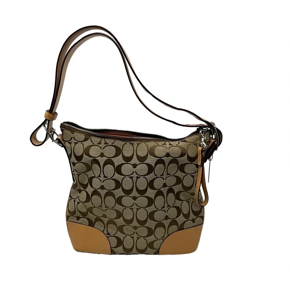 Coach L2K-6347 Hobo Signature Tote‎ Leather Trim Brown Logo Canvas Bag